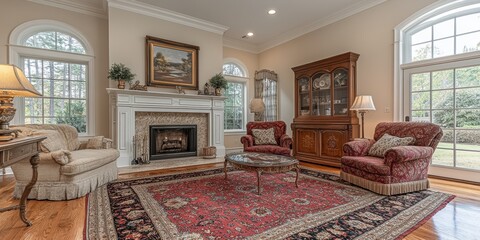 A beautifully furnished and well-lit living room with elegant decor, featuring a cozy fireplace, luxurious furniture, and large windows offering views of the garden