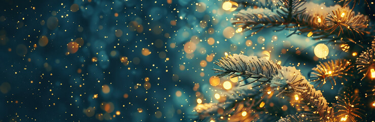 Christmas tree decorated with golden ball and snowflake with a bokeh lights background, 3d...