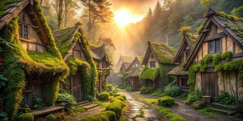 Fototapeta premium dreamy abandoned fairy tale village overgrown with vines moss-covered cottages weathered wooden signs soft morning light warm pastel colors whimsical atmosphere