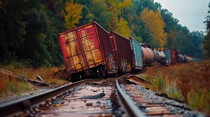 Train Derailment: Freight train derailed after hitting an obstacle, causing multiple cars to tip over and spill cargo across the surrounding area.
