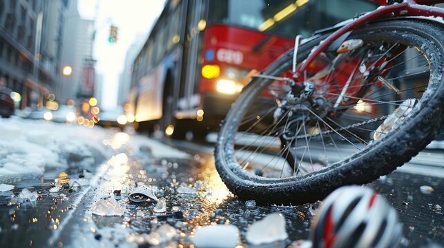 Bus Collision with Bicycle: While turning into a busy intersection, a city bus sideswiped a cyclist, knocking them off balance and into the street.
