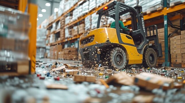 Warehouse Forklift Crash: A forklift operator accidentally toppled a large pallet stack, damaging the vehicle and scattering products across the warehouse floor.
