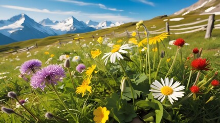 Obraz premium A serene alpine meadow teeming with vibrant wildflowers of varying shapes and sizes, including delicate purple gentians, bright yellow daisies, and red clover, swaying gently in the breeze, against a 