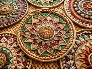 Intricate, hand-crafted, earthy embossed designs on natural fibers, with organic, woven, bohemian-inspired, free-spirited, and adventurous vibe.