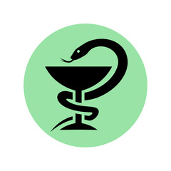 Vessel or cup of Hygieia (Vessel of Hygeia). Bowl and snake icon. Symbol of medicine or poison, hospital or pharmacy. An attribute of a doctor, treatment, or medication.