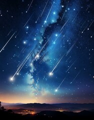 Naklejka premium night in the mountains, cosmos, nature, vector, nebula, christmas, starry, illustration, planet, clouds, landscape, meteor