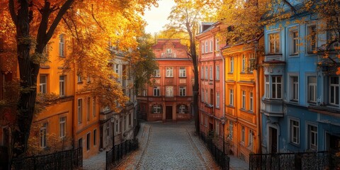 Fototapeta premium A picturesque cobblestone street lined with vibrant, colorful buildings adorned with autumn leaves, creating a warm and inviting atmosphere in the heart of the city