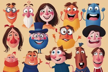 Whimsical Animated Character Illustrations Showcasing Joyful Faces and Emotions in a Playful Style