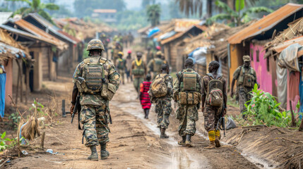 Soldiers patrolling a village street with rustic huts.