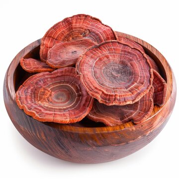 Medium shot of bowl of Dried ganoderma lucidum mushroom, isolated on a white background 