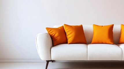 A white sofa with three orange pillows against a white wall.