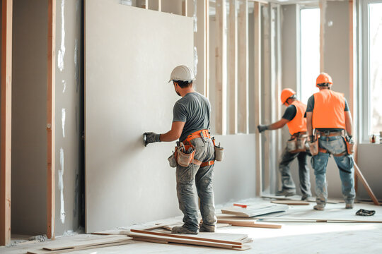 Interior renovation of apartments. Working team at work on interior decoration of premises