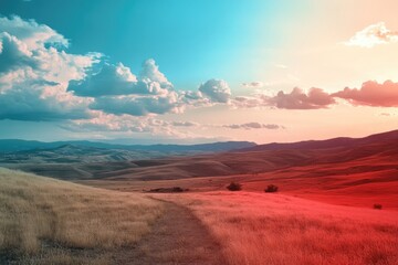 Scenic Rolling Hills and Grassy Landscape Under a Blue and Pink Sky