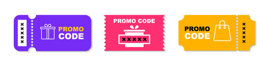 Promo code coupon set. Discount coupon. Gift voucher with promo code. Promo code template for web marketing. Vector illustration.
