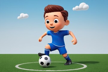 Fototapeta premium 3D Cartoon Boy Playing Soccer with Ball on Clear Background