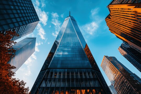 A tall, imposing modern skyscraper stands proudly among other urban office buildings, reflecting the clear blue sky with a small touch of warm orange sunset light.