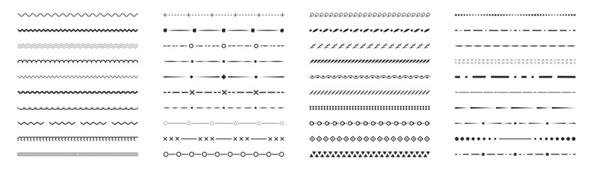 Border line design elements set. Ornamental text devider colection. Vintage line elements. Decorative line borders. Lines, waves, zigzag, ornament, geometric lines. Vector illustration.