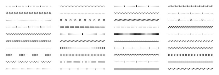 Fototapeta premium Border line design elements set. Ornamental text devider colection. Vintage line elements. Decorative line borders. Lines, waves, zigzag, ornament, geometric lines. Vector illustration.