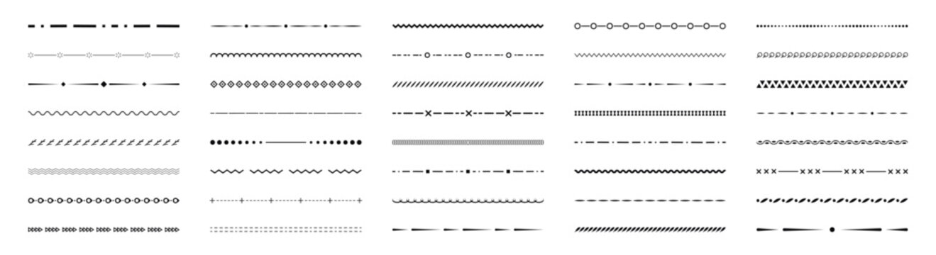 Border line design elements set. Ornamental text devider colection. Vintage line elements. Decorative line borders. Lines, waves, zigzag, ornament, geometric lines. Vector illustration.