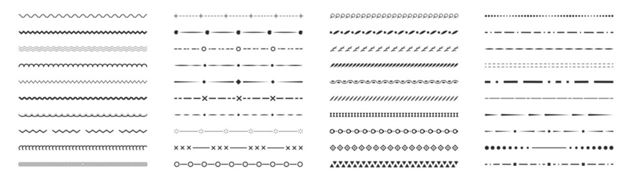 Border line design elements set. Ornamental text devider colection. Vintage line elements. Decorative line borders. Lines, waves, zigzag, ornament, geometric lines. Vector illustration.