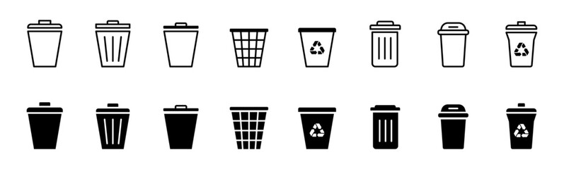 Bin icon set. Trash can icon collection. Trash icons and delete button. Garbage bin symbol. Vector illustration.