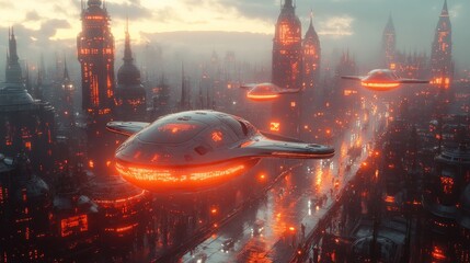 Futuristic Cityscape with Flying Vehicles