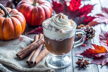 Pumpkin Spice Latte with Whipped Cream in Autumn Setting with Cinnamon Sticks and Pumpkins