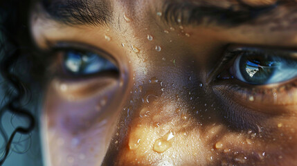 Close-up of a personâs eyes shining with unshed tears, capturing the emotion of hope or vulnerability.