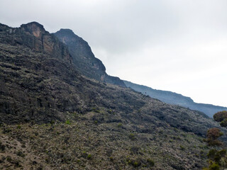 View of Mount Kilimanjaro peak in Tanzania and rocky slopes overgrown with sparse vegetation and bushes. Tourist route and nature