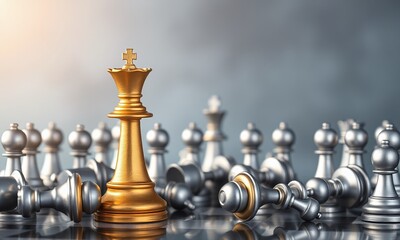 Gold queen chess surrounded by a number of fallen silver chess pieces