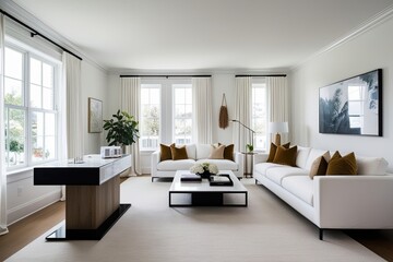 Fototapeta premium Contemporary White Living Room Featuring Stylish Product Display Desk and Minimalist Decor