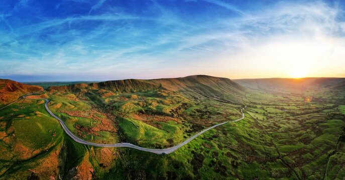 Golden Hour, Sunset Over Hope Valley, edale, Mam Tor, Higger Tor, Derbyshire, Peak District National Park, UK, Panorama, Landscape Photography, Drone Photography