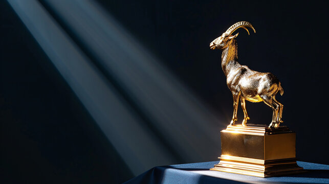 a golden trophy in the shape of a goat, placed on a pedestal, greatest of all time award
