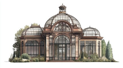 Obraz premium A beautifully designed glass conservatory with ornate details and lush greenery.