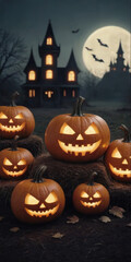 Halloween holiday, evil pumpkin with glowing eyes, and terrible surroundings, nightmare background
