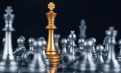 Gold queen chess surrounded by a number of fallen silver chess pieces