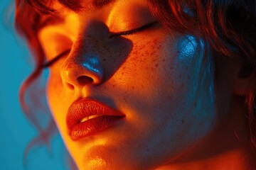 Fototapeta premium Close-up of a Woman's Face Illuminated by Orange and Blue Light