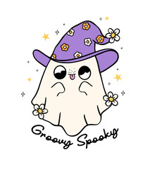 Groovy Retro Halloween Ghost with witch hat Lined Doodle Greeting Card Idea