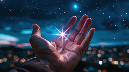 a hand reaching for a star in the night sky, with a city skyline blurred in the background, representing the pursuit of greatness