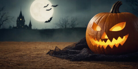 Obraz premium Halloween holiday, evil pumpkin with glowing eyes, and terrible surroundings, nightmare background