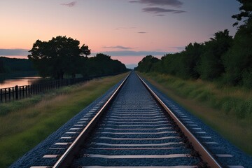 Obraz premium Peaceful Railway Journey at Dusk on a Serene Evening Pathway