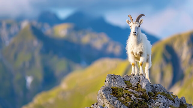 a majestic mountain goat standing atop a rocky peak, symbolizing the pinnacle of achievement, greatest of all time concept