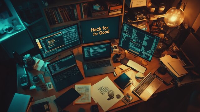 Cluttered desk with multiple laptops showcasing ethical hacking tools in a dimly lit room focused on digital activism efforts
