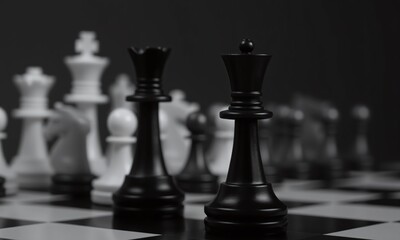 A row of chess pieces, a black king in the foreground stands tall and prominent