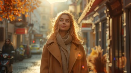 Blond woman in coat walking down a street