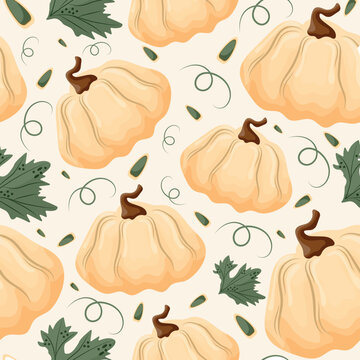 
seamless autumn pattern with light round pumpkins with pumpkin seeds and pumpkin leaves on a light background, vector
