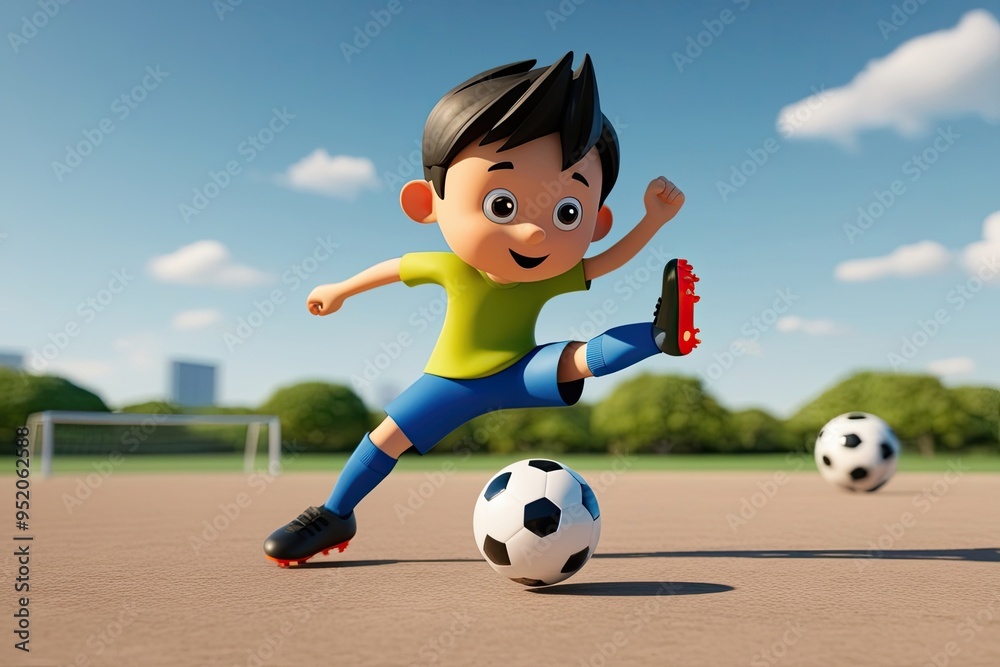 Wall mural Dynamic 3D Cartoon Boy Kicking a Soccer Ball on Clear Background