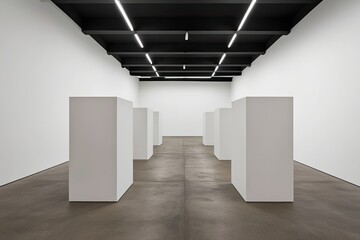 Obraz premium Expansive Art Gallery Showcasing Minimalist White Boxes on Concrete Flooring