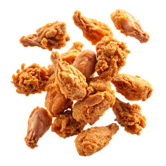 fried chicken pieces flying in the air  isolated on white background as transparent. PNG