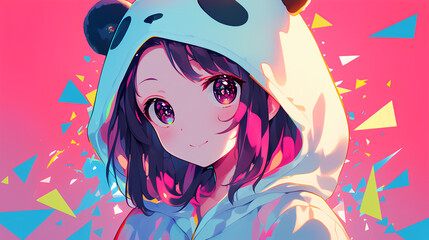 Naklejka premium cute panda character wearing anime onesie costume, anime style, cute kawaii, simple, smiling happy. neon psychedelic background